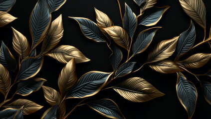 Golden and Black Tropical Leaves Seamless Pattern on a Dark Background: Exotic Botanical Design....