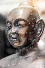 Vertical shot of a well polished ancient Asian male bust in bronze