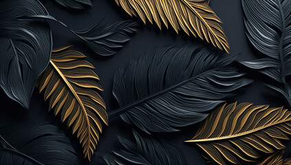Golden and Black Tropical Leaves Seamless Pattern on a Dark Background: Exotic Botanical Design. Beautiful luxury dark blue textured background frame with golden and blue tropical leaves - obrazy, fototapety, plakaty