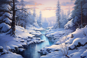 sunset in the mountains, Freezing river in a snowy winter forest, snow and ice in nature, beautiful winter landscape