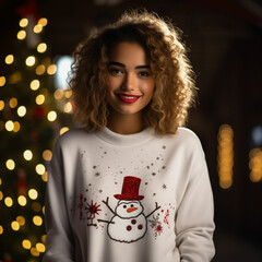 portrait of a pretty woman dressed in a Christmas sweater
