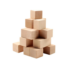 Brown wooden blocks or cubes pile isolated on transparent and white background, AI
