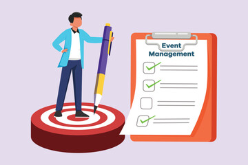 Events, scheduling, creativity. Event management concept. Colored flat vector illustration isolated.