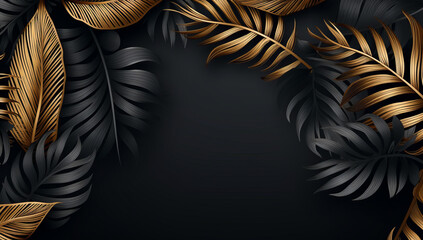 Golden and Black Tropical Leaves Seamless Pattern on a Dark Background: Exotic Botanical Design. Beautiful luxury dark blue textured background frame with golden and blue tropical leaves