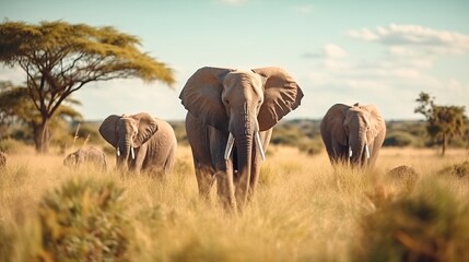 Fototapeta na wymiar Herd of elephants graze in a grass shelter