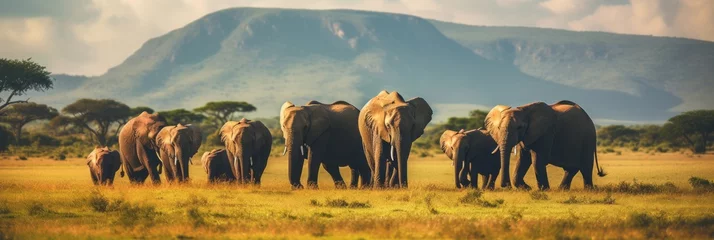 Zelfklevend Fotobehang Herd of elephants graze in a grass shelter © BraveSpirit