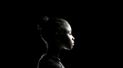 Close up studio profile portrait, silhouette of African american child in dark, black background with copy space. Black and white