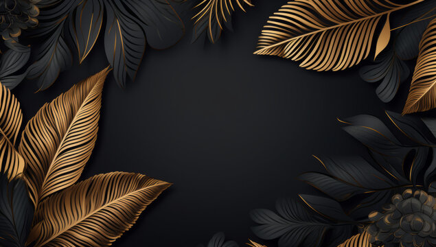 Golden and Black Tropical Leaves Seamless Pattern on a Dark Background: Exotic Botanical Design. Beautiful luxury dark blue textured background frame with golden and blue tropical leaves