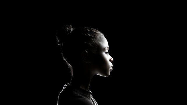 Close Up Studio Profile Portrait, Silhouette Of African American Child In Dark, Black Background With Copy Space. Black And White