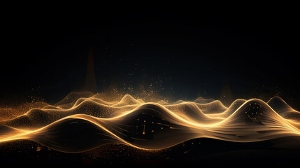 Golden wave of light on a black background, bright particles. Sound and music visualization.Golden...