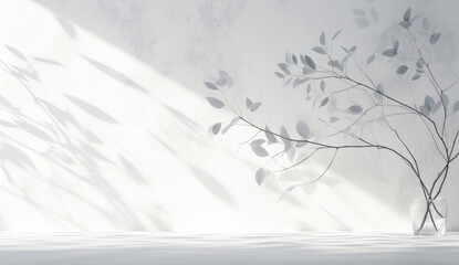 Fototapeta na wymiar Ethereal Olive Tree Leaves Against a White Wall Enhanced by Bold Shadows and Sunrays, Green Plants in a Room , White Wall light effect. Interior Design and Home Decor.