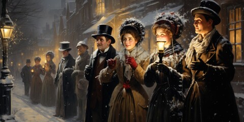 Victorian Christmas Carolers - obrazy, fototapety, plakaty
