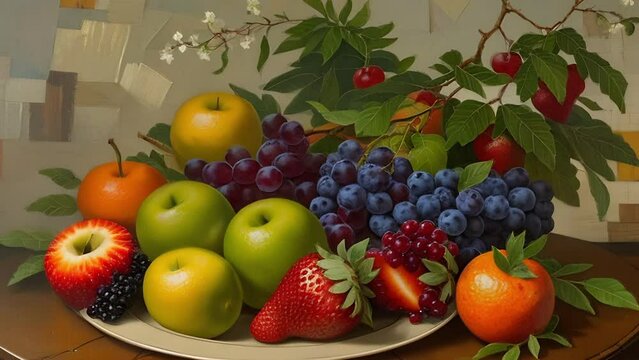 Still-life arrangement featuring a variety of vibrant fruits like apples, lemons, blueberries, and strawberries with lush green leaves and delicate white flowers, set against a wall