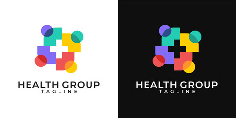Health group logo illustration. Medical community group logo. Plus cross sign logo with people design template. Vector logo of hospital, people, health care, cross symbol, colorful, fun, organic.