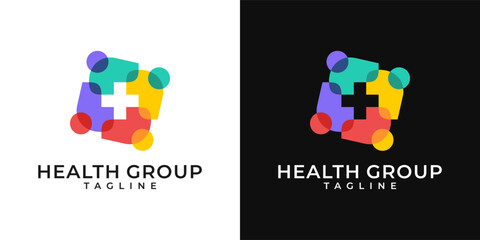 Medical healthcare community group logo. Plus sign logo with people design template. Vector logo of hospital, people, health care, cross symbol, colorful, fun, organic. - obrazy, fototapety, plakaty
