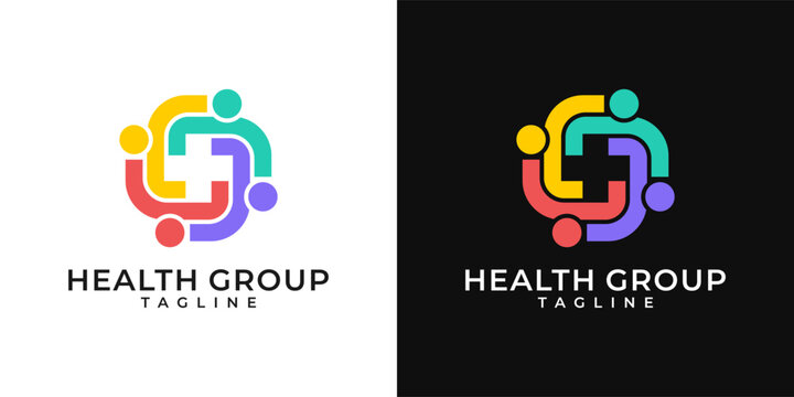 Medical healthcare community group logo. Plus sign logo with people design template. Vector logo of hospital, people, health care, cross symbol, colorful, fun, organic.