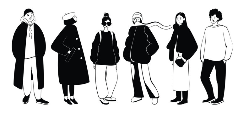 Group of stylish women and men in trendy spring or fall outfits. Hand drawn young people character set. Modern fashionable street style girls and guys. Vector black and white color illustration.
