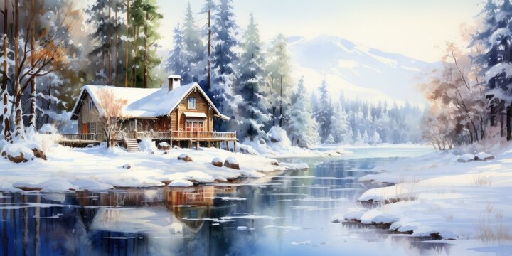 Serene Winter Cabin Watercolor