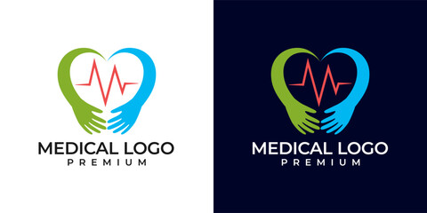 Medical beat logo with hands design template. Medical logo with hand and beat symbol. Vector logo of ECG, health, hospital, clinics, medical, hand, people.