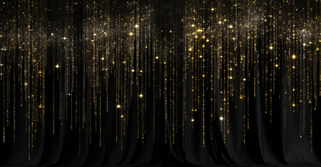 Elegant Golden Sparkles on Black Curtain Background
