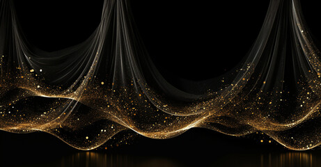 Elegant Golden Sparkles on Black Curtain Background

