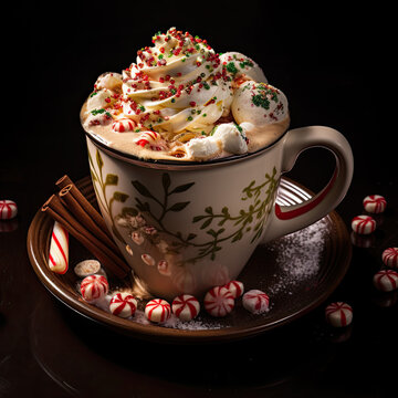 Christmas cocoa with marshmallows and peppermint in decorative mug in festive setting