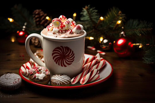 Christmas cocoa with marshmallows and peppermint in decorative mug in festive setting