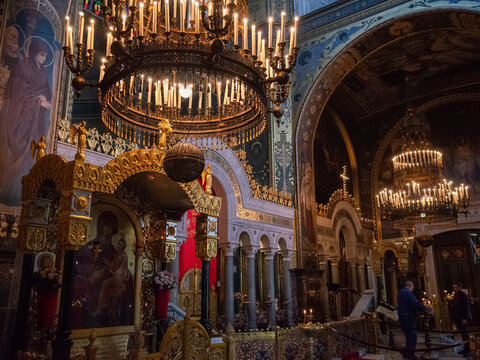 sacred atmosphere and interior of St. Volodymyr's Cathedral in capital kyiv