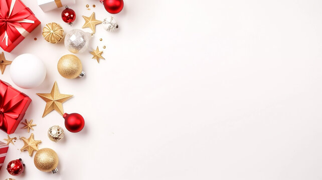 Miniature festive Christmas gift boxes with baubles and stars on a white background Christmas and new year celebration image desktop wallpaper