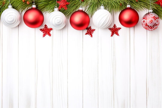Hanging Christmas baubles with snowflakes and fir leaves against a white wood panelled background Christmas and new year celebration image wallpaper
