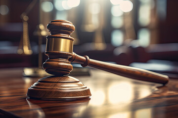 Closeup of wooden judge’s gavel in court
