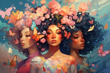Three beautiful girls with flowers. Spring concept. - 676974352