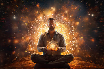 Man in meditation pose manifesting healing energy surrounded by golden lights and universal source  