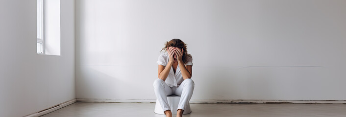 Woman in white in a white room struggling with mental health issue 