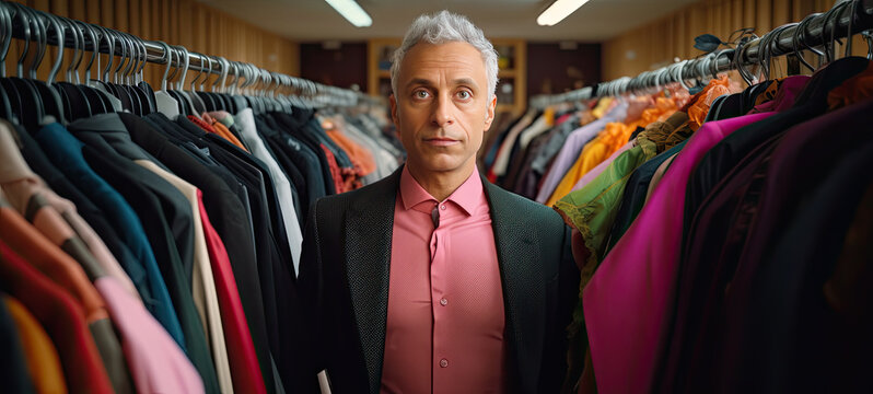 Professional tailor surrounded by racks of men’s suits 