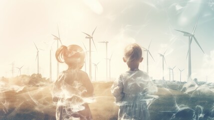 children and clean energy concept, light colors, Environmentally friendly installation of photovoltaic power plant and wind turbine farm situated by landfill background - obrazy, fototapety, plakaty