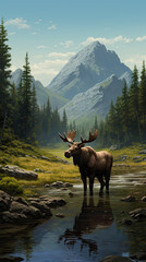 Huge moose in the forest with stream with mountain background