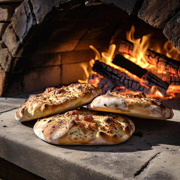 Outdoor brick oven baked breads with oven fire in background 