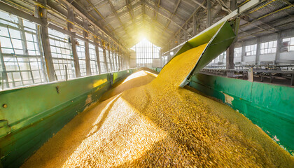 Loading process of wheat grain in elevator granary warehouse. Agro manufacturing plant equipment. Harvest time - obrazy, fototapety, plakaty