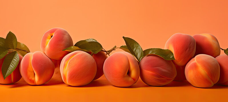 Ripe beautiful peaches in a row banner 
