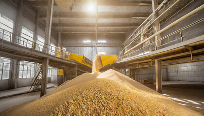 Loading process of wheat grain in elevator granary warehouse. Agro manufacturing plant equipment. Harvest time - obrazy, fototapety, plakaty
