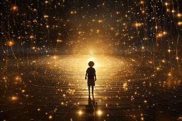 Quantum field grid of golden light particles surrounding a human child form