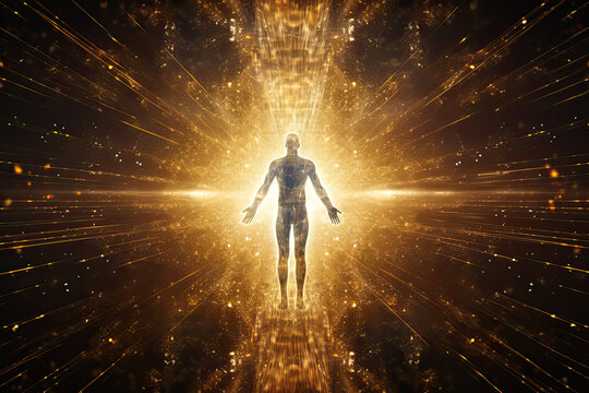 Quantum field grid of golden light particles surrounding a human form