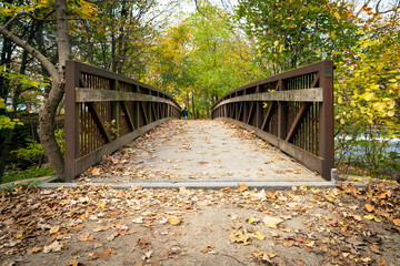 Old footpath bridge on an autumn day, Charles River Greenway, Watertown, Massachusetts, USA