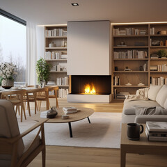 Modern living room interior with modern fireplace, home
Generative AI