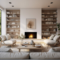 Modern living room interior with modern fireplace, home
Generative AI