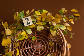 wooden cube with number 2 in autumn yellow leaves