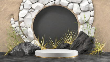 Black geometric Stone and Rock shape background, minimalist mockup for podium display or showcase, 3d rendering.