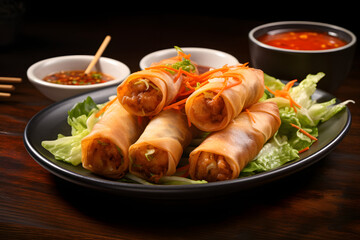 A platter of Crispy Spring Rolls, stuffed with a medley of vegetables, glass noodles, and minced chicken, served with sweet chili dipping sauce, realistic photo. Ai Generated.NO.03