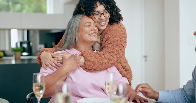 Senior mother, woman and hug in living room with family, love and support in retirement. Happy, mothers day and people embrace in home with care at holiday, dinner or celebration together at party